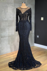 Classy Dark Navy Mermaid Evening Dress with Sequins & Beads